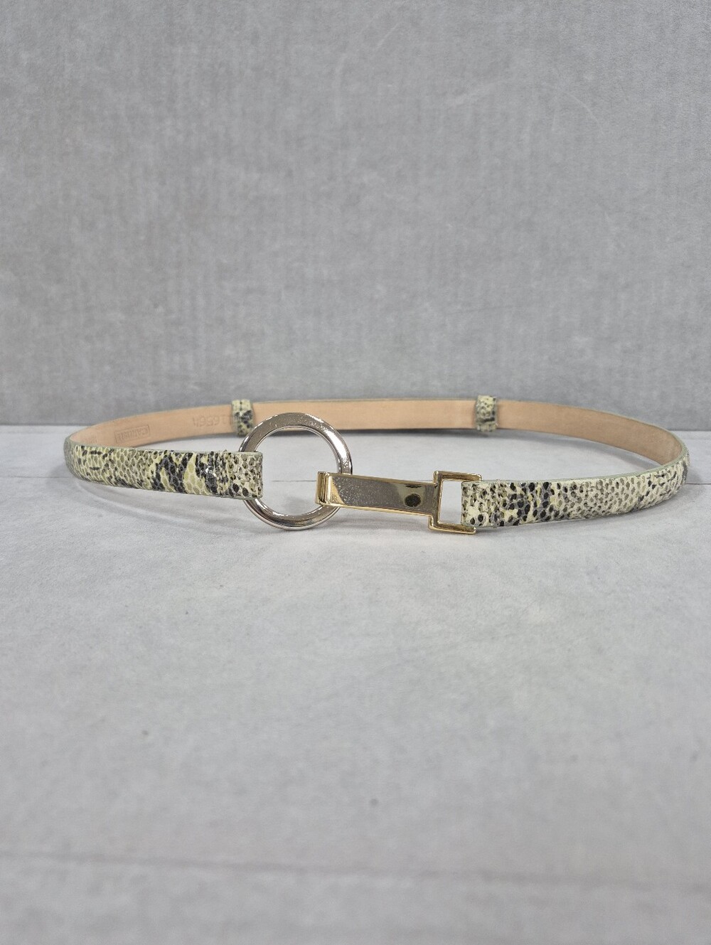 Carlisle belt women's medium sage green leather snake print silver & gold metal